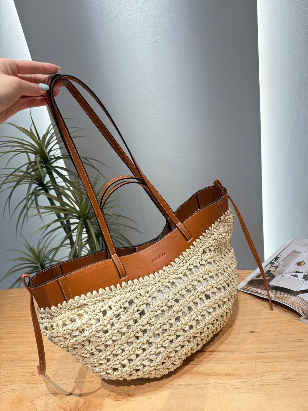 Polene Handwoven Cream and Tan Straw Shoulder Tote by